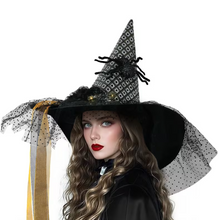 Load image into Gallery viewer, Light Up Witch Hat with Spider Web Pattern and Rose Accents in Five Styles