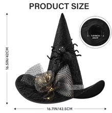 Load image into Gallery viewer, Light Up Witch Hat with Spider Web Pattern and Rose Accents in Five Styles