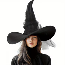 Load image into Gallery viewer, Black Witch Hat with Glitter Star Veil and Wide Brim Pointed Cone Design