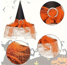 Load image into Gallery viewer, Pointed Tulle Witch Hat Set with Lace Trim, One Black and One Orange Hat