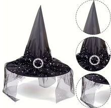 Load image into Gallery viewer, Pointed Tulle Witch Hat Set with Lace Trim, One Black and One Orange Hat