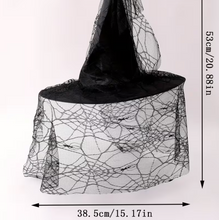 Load image into Gallery viewer, Black Mesh Lace Witch Hat with Pointed Cone and Wide Circular Brim, Adult Size