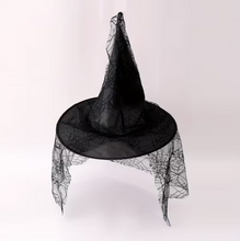 Load image into Gallery viewer, Black Mesh Lace Witch Hat with Pointed Cone and Wide Circular Brim, Adult Size