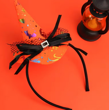 Load image into Gallery viewer, Orange Mini Witch Hat Headband with Lace Trim, Bow, and Spider Web Pattern