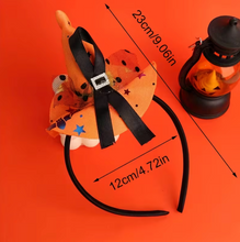 Load image into Gallery viewer, Orange Mini Witch Hat Headband with Lace Trim, Bow, and Spider Web Pattern