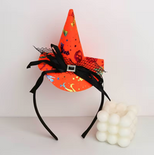Load image into Gallery viewer, Orange Mini Witch Hat Headband with Lace Trim, Bow, and Spider Web Pattern