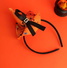 Load image into Gallery viewer, Orange Mini Witch Hat Headband with Lace Trim, Bow, and Spider Web Pattern