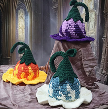 Load image into Gallery viewer, Hand Crocheted Pointed Wizard Hat with Floral Pattern for Women in Three Colors