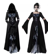 Load image into Gallery viewer, Black Witch Dress with Bell Sleeves and Fitted Waist