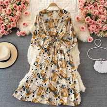 Load image into Gallery viewer, Chic Floral V-Neck Chiffon Summer Dress with Puff Sleeves – Mid Length Empire Waist