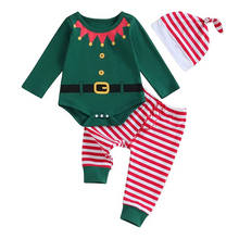 Load image into Gallery viewer, Cozy Baby Christmas Romper Set with Striped Pants and Matching Hat