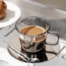 Load image into Gallery viewer, Vintage Smoke Gray Glass Coffee Cup and Saucer Set with Spoon