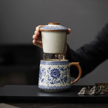 Load image into Gallery viewer, Blue and White Ceramic Tea Mug with Lid, Handmade Floral Porcelain Coffee Cup