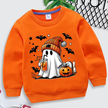 Load image into Gallery viewer, Cozy Halloween Sweatshirt for Kids with Ghost Pumpkin and Bat Design