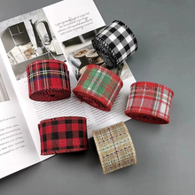 Load image into Gallery viewer, Christmas Plaid Linen Craft Ribbon, Red and Green Snowflake Design, 6.5 Yard Roll