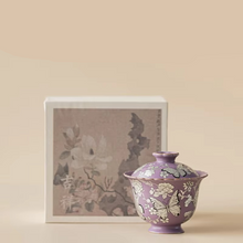 Load image into Gallery viewer, Purple Gilt Silver Butterfly Flower Porcelain Gaiwan Tea Bowl with Lid