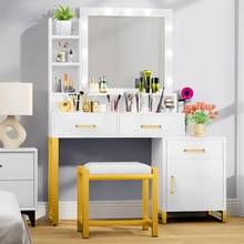 Load image into Gallery viewer, Elegant Vanity Desk with Mirror, LED Lights, Charging Station and Matching Chair