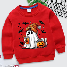 Load image into Gallery viewer, Cozy Halloween Sweatshirt for Kids with Ghost Pumpkin and Bat Design