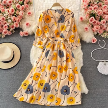 Load image into Gallery viewer, Chic Floral V-Neck Chiffon Summer Dress with Puff Sleeves – Mid Length Empire Waist