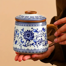 Load image into Gallery viewer, Blue and White Ceramic Tea Mug with Lid, Handmade Floral Porcelain Coffee Cup