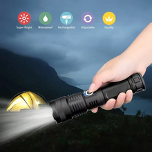 Load image into Gallery viewer, High-Power LED Tactical Flashlight, USB Rechargeable, Zoomable Beam, 5 Light Modes, Waterproof, Fits 26650 Battery