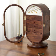 Load image into Gallery viewer, Walnut Jewelry Cabinet with 360° Rotation and Vanity Mirror