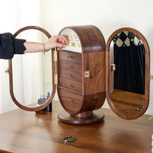 Load image into Gallery viewer, Walnut Jewelry Cabinet with 360° Rotation and Vanity Mirror