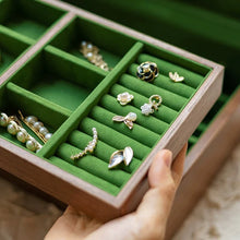 Load image into Gallery viewer, Solid Walnut Double Layer Jewelry Box with Green Suede Lining