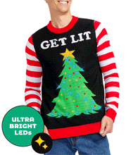 Load image into Gallery viewer, Mens Get Lit Light Up Christmas Tree Sweater with Candy Cane Sleeves and Battery Pack
