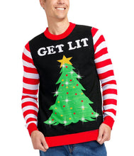 Load image into Gallery viewer, Mens Get Lit Light Up Christmas Tree Sweater with Candy Cane Sleeves and Battery Pack