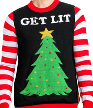 Load image into Gallery viewer, Mens Get Lit Light Up Christmas Tree Sweater with Candy Cane Sleeves and Battery Pack