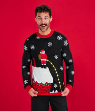 Load image into Gallery viewer, Mens Cheeky Santa Light Up Christmas Sweater with a Glowing Rooftop Stream