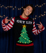 Load image into Gallery viewer, Mens Get Lit Light Up Christmas Tree Sweater with Candy Cane Sleeves and Battery Pack