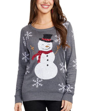 Load image into Gallery viewer, Womens Gray Sequin Snowman Christmas Sweater with Sparkling Snowflake Sleeves