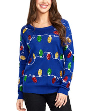 Load image into Gallery viewer, Womens Blue Christmas Lights Sweater with Colorful Bulb Design for Holiday Parties