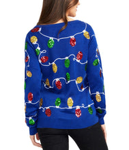 Load image into Gallery viewer, Womens Blue Christmas Lights Sweater with Colorful Bulb Design for Holiday Parties