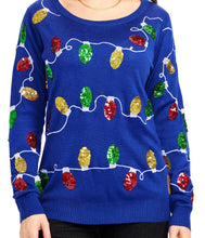 Load image into Gallery viewer, Womens Blue Christmas Lights Sweater with Colorful Bulb Design for Holiday Parties