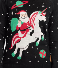 Load image into Gallery viewer, Womens Black Christmas Sweater with Santa Riding a Unicorn Design