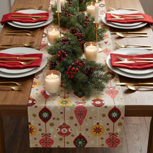 Load image into Gallery viewer, Beige Christmas table runner with holiday centerpiece and candles