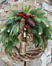 Load image into Gallery viewer, Rustic Vine Wreath with Golden Bells and Pinecones, 17 Inch