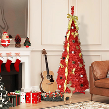 Load image into Gallery viewer, 6FT Prelit Pop Up Christmas Tree with Gold and Red Ribbon Bows and Ornaments