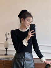 Load image into Gallery viewer, Womens Slim Fit Knit Sweater with Pearl Trim Collar and Contrast Cuffs