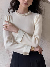 Load image into Gallery viewer, Womens Slim Fit Knit Sweater with Pearl Trim Collar and Contrast Cuffs