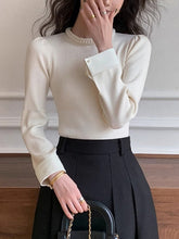 Load image into Gallery viewer, Womens Slim Fit Knit Sweater with Pearl Trim Collar and Contrast Cuffs