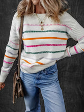 Load image into Gallery viewer, Womens Striped Round Neck Sweater with Soft Texture and Relaxed Fit in Cream Multicolor