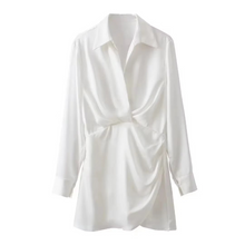 Load image into Gallery viewer, Summer Silk Satin Mini Dress with Turn Down Collar and Elegant Long Sleeves