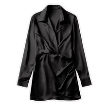 Load image into Gallery viewer, Summer Silk Satin Mini Dress with Turn Down Collar and Elegant Long Sleeves