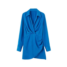 Load image into Gallery viewer, Summer Silk Satin Mini Dress with Turn Down Collar and Elegant Long Sleeves