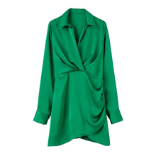 Load image into Gallery viewer, Summer Silk Satin Mini Dress with Turn Down Collar and Elegant Long Sleeves