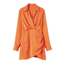 Load image into Gallery viewer, Summer Silk Satin Mini Dress with Turn Down Collar and Elegant Long Sleeves